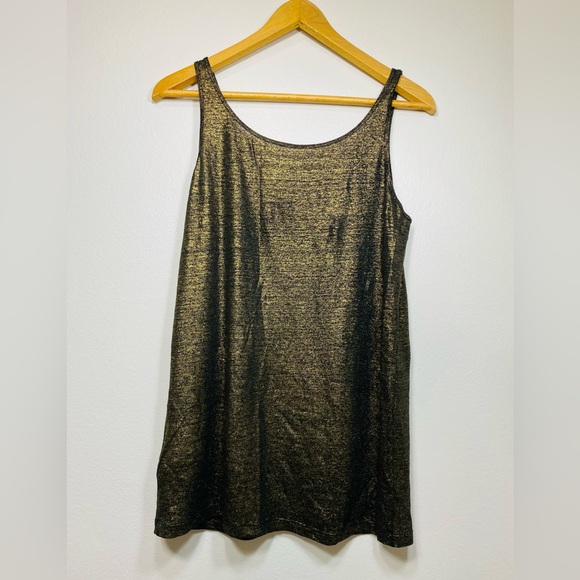 EILEEN FISHER Tank Top Foil Printed Linen Jersey Scoop Neck Shell Black Gold - Picture 5 of 8